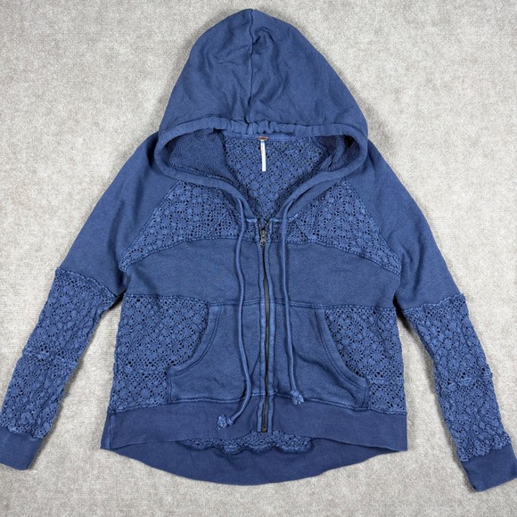 Free People Tops - Free People Size XS Full Zip Sequoia Lace Inset Blue Full Zip Hoodie Sweatshirt